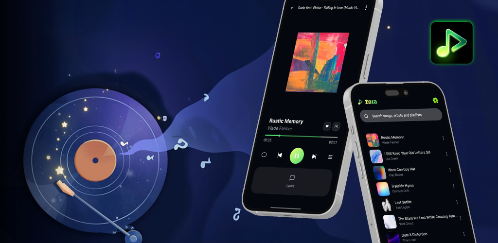 Zora music player screens beside a record player